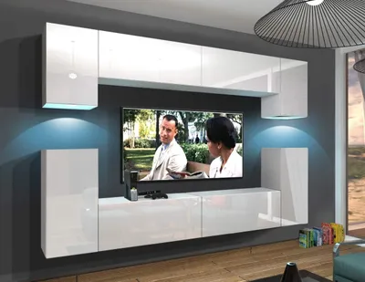 Immagine prodotto di Furnitech Parete attrezzata soggiorno - Mobile soggiorno con LED Blu - Parete attrezzata moderna - Parete attrezzata soggiorno con mensole e mobile TV (Rodos AN43/17W/HG26 1B)