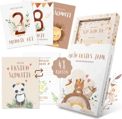 Produktbild von EULENTALER® Meilensteinkarten Baby I Boho Stil I Von Pädagogen & Eltern gestaltet I Meilenstein Karten Set als Geschenk zur Geburt & Babyparty I 48 Karten Inkl. Geschenkbox für Jungen & Mädchen