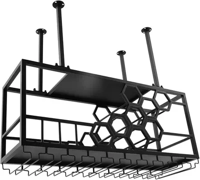 Produktbild von Deckenregal Weinregal 100x30cm Hängend Weinflaschenhalter, Weinregal mit Glashalter, 2-Lagiger Industrieller Hängender Weinflaschenhalter, für Bar Café Küche