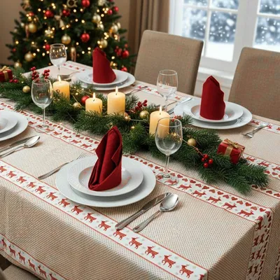 Immagine prodotto di Tovaglia natalizia Airlaid 140 x 220 cm - Rosso/Bianco - Renne e cuori - Tovaglia monouso