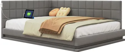 Produktbild von Polsterbett Schlafsofa 140*200 Multifunktionsbett mit LED Lichtleiste, USB Steckdose und Lattenrost, hautsympathischer Leinen Grau