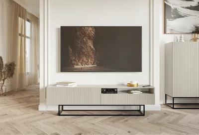 Produktbild von Selsey Veldio - TV-Lowboard mit offenem Fach, graubeige mit schwarzem Metallgestell, 175 cm