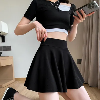 Produktbild von Ballonrock mit gefütterter Sicherheitshose kreuz und quer großer Schirmsaum Sommerkleid Frühling und Sommer High Waist Rock Faltenrock für Damen Schwarz XXL