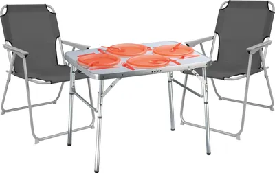 A camping table and two chairs set, with four orange plates on the table.