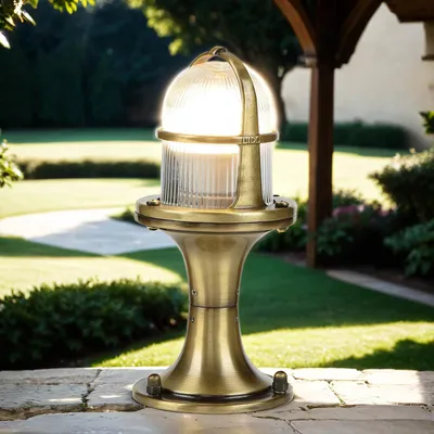 Produktbild von Außenlampe klein 25 cm E27 IP54 Messing Glas Maritim Sockelleuchte Wegeleuchte