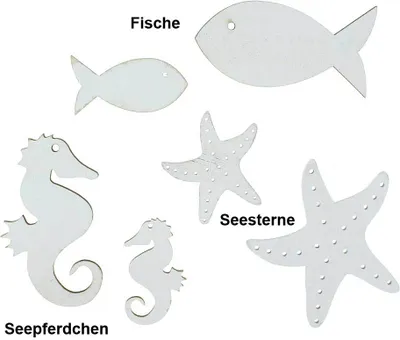 Produktbild von 60 Seepferdchen Fische Seesterne Maritim Meer Streudeko Mix weiß Holz 6fach sort.