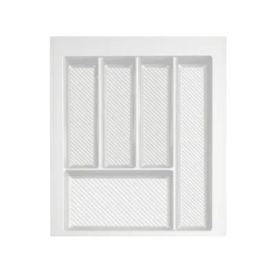 Produktbild von Besteckkasten für 45 cm Schublade Weiß – Zuschneidbar (B: 34-40 cm x T: 42-49 cm) – Besteckeinsatz 5 Fächer – Anti-Rutsch Riffelboden