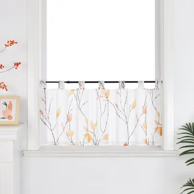 Produktbild von Joyswahl Scheibengardine mit Schlaufen Bistrogardine mit Zweigen und Blättern Muster Voile kleine Kurzstores landhausstil für Küche 1 Stück, Orange H45xB120cm