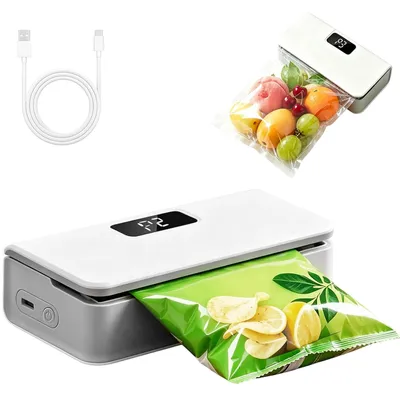 Produktbild von Mini-Folienschweißgerät Weiß – 2-in-1 Beutelverschließer & Öffner, 6 Temperaturstufen, LED-Display, 1300 mAh Akku, Typ-C, 18 W, Magnet, für Snacks