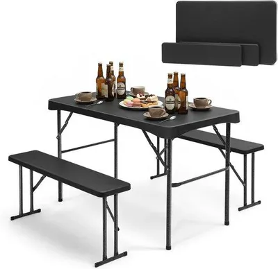 Produktbild von Klapptisch-Set mit 2 Bänken, 113 x 61 cm, schwarz - Für Garten, Camping & Feiern