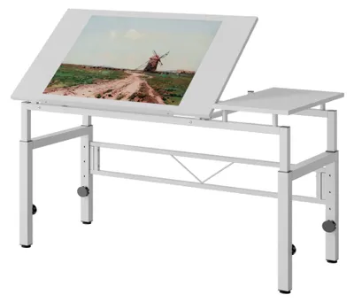 Image de Table à dessin Zimilo blanche, bureau réglable en hauteur avec plateau inclinable de 0 à 60°, 4 pieds réglables, table d'architecte pour bureau et atelier