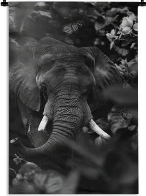 Produktbild von MuchoWow® Wandteppich Wandbehang Elefant und Schmetterlinge im Dschungel - schwarz und weiß 90x135 cm Tapisserie Dekoration Wandtuch - Baumwolle - Wandskulptur