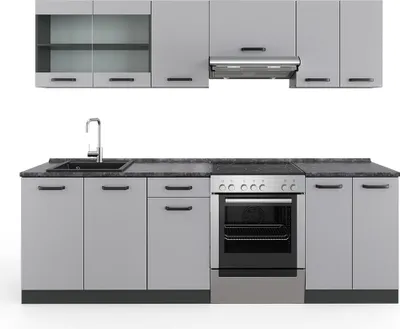 A modern, modular kitchen unit with upper cabinets, a sink, a stove, and base cabinets against a white background.
