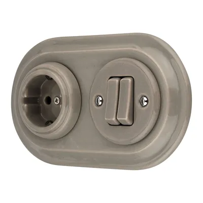 Image de Prise rétro encastrée en porcelaine, interrupteur double, 2 fois, tout-en-un, SET Série PR1 gris-beige