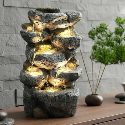 Immagine prodotto di Fontana decorativa - Giochi d'acqua per interni - Decorazione per giardino - Con illuminazione a LED - Altezza 48,5 cm - Colore marrone