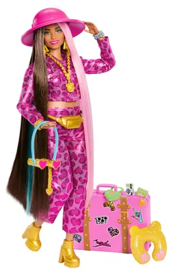 Produktbild von Reise Barbie-Puppe mit Safari-Outfit, Barbie Extra Fly, pinkes Outfit mit Tiermuster und pinkem Koffer