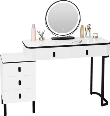 Produktbild von Schminktisch mit LED-Spiegel, 2 Schubladen und Beistellschrank | Weiß + Schwarz | 100x40x126cm