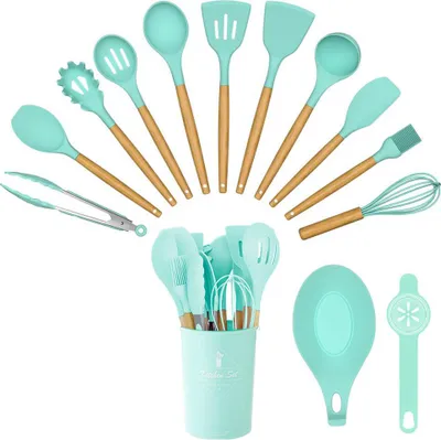 Immagine prodotto di Set da 14 utensili da cucina con testa in silicone resistente al calore e supporto, turchese