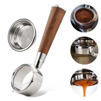 Obrázek produktu pro nerezový portafiltr bez dna o průměru 58 mm s dřevěnou rukojetí, 2 uši, s filtračním košem, vhodný pro Gaggia Classic & Evolution Espresso