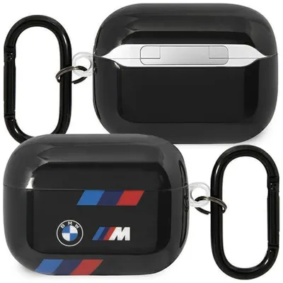 Two black AirPods Pro cases with BMW branding and racing stripes are shown against a white background. One case is shown from the top, and the other from the side.