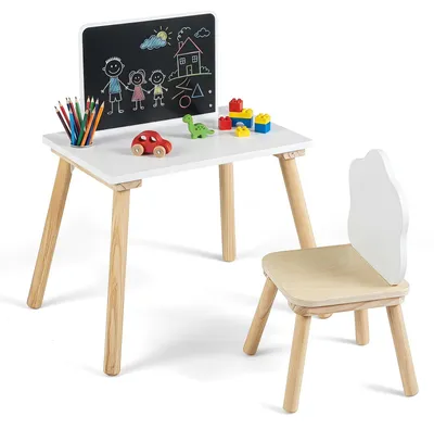 Produktbild von COSTWAY Kindertisch mit Stuhl, Kinderschreibtisch mit Tafel, Kindersitzgruppe mit Beinen, Tisch & Stuhl Set mit Stifthalter für Kinder ab 3+, Natur
