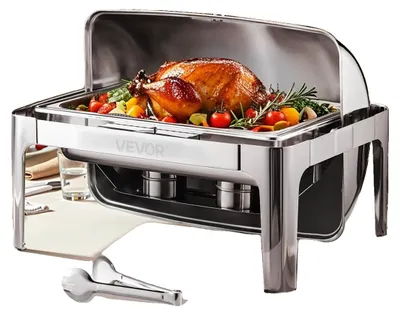Immagine prodotto di VEVOR Hot Pot Set, scaldavivande in acciaio inox con pentola intera (8,5 litri), con coperchio avvolgibile e supporto per ciotola dell'acqua e portacombustibile per buffet, argento