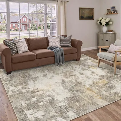 Zdjęcie produktu dla Dywan abstrakcyjny do salonu, 160 x 230 cm, w kolorach brązu i szarości, antypoślizgowy, o krótkim włosiu i możliwość prania