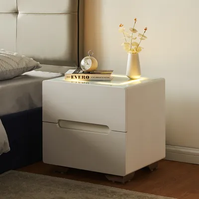 Produktbild von CLIPOP Nachttisch mit kabelloser Ladefunktion, Led Nachttisch, 2 Schubladen Kommode, Weiß