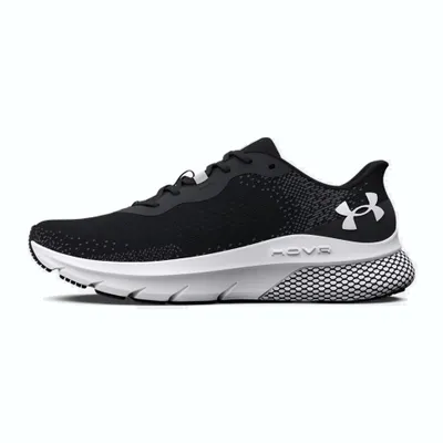 A black and white Under Armour HOVR Turbulence running shoe is shown against a white background.