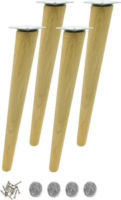 Four wooden furniture legs with metal mounting plates are shown against a white background. Also visible are screws and felt pads.