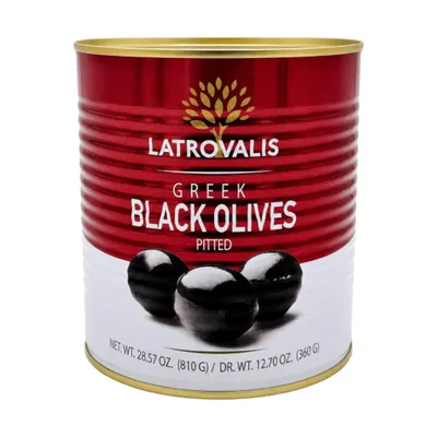 Latrovalis Schwarze Oliven entsteint 810 g Dose auf weißem Grund