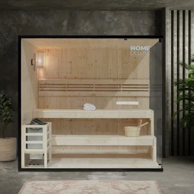Produktbild von HOME DELUXE - Traditionelle Sauna - Shadow XL - 200 x 150 x 190 cm - für 5 Personen - hochwertiges Fichtenholz, inkl. Saunaofen, Saunazubehör I Dampfsauna Aufgusssauna Finnische SaunaSauna