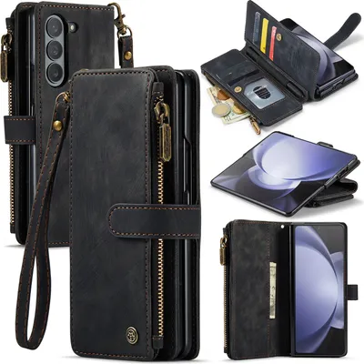 Collage of images showing a black leather wallet-style phone case with multiple compartments and a zipper.