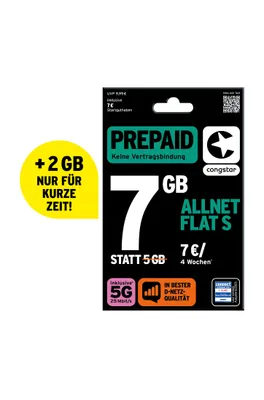 Produktbild von congstar Prepaid Allnet S: 7 GB Datenvolumen & Flatrate für Telefonie und SMS, 5G-Speed, EU-Roaming, SIM Karte, Prepaidkarte