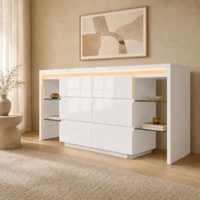 Produktbild von Sideboard mit Schubladen - Moderner Aufbewahrungsschrank - 155 x 40 x 80 cm - 6 Schubladen - 4 Glasböden - Holz und Glas - Hochglanz Weiß