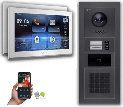 Produktbild von Goliath IP Video Türsprechanlage: 10-Zoll 2 Familienhaus, RFID, Zahlencode, Anthrazit  : 10 Zoll Weiß : 4er POE : Unterputzdose Anschluss: 4er POE Monitor Farbe: 10 Zoll Weiß Montage: Unterputzdose