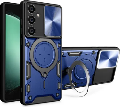 Immagine prodotto di Custodia per Samsung Galaxy S23 FE a doppio strato con copertura della fotocamera e supporto ad anello blu