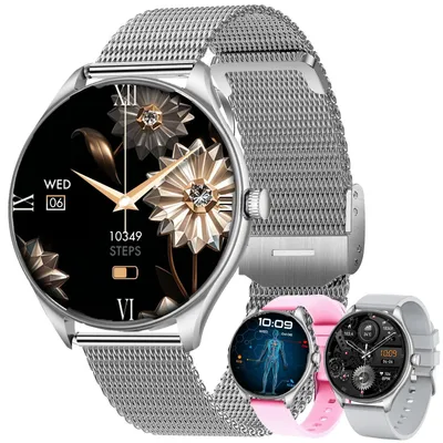 Zdjęcie produktu dla Inteligentny zegarek damski AMOLED, wodoszczelność IP68, smartwatch męski z funkcją telefonu, ponad 100 trybów sportowych, monitor snu, pomiar ciśnienia krwi, bransoletka, kompatybilny z systemami IOS i Android, kolor srebrny