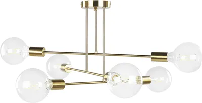 A modern, multi-bulb pendant light fixture with a brass finish and clear glass shades.