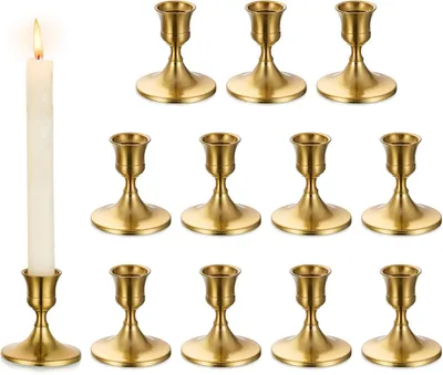 Produktbild von Kerzenständer für Stabkerzen aus Metall, Set mit 12 Stück, goldfarben