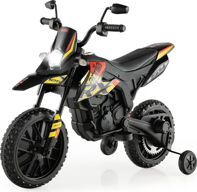 Produktbild von 12V Kinder Elektro Motorrad, 5,5-6 km/h, Aprilia Kindermotorrad mit Stützrädern & Musik & Scheinwerfer, Elektromotorrad für Kinder ab 3 Jahren, bis 30kg belastbar (Schwarz)