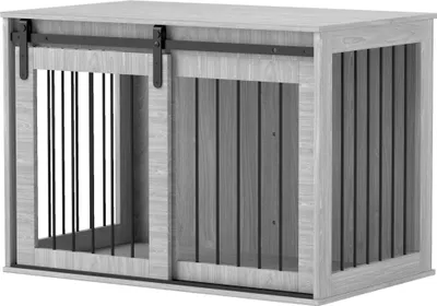 Produktbild von Hundebox mit Schiebetür, Belüftung, Spanplatte und Stahl, 98 x 58 x 61 cm, Grau