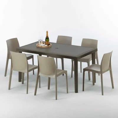 Produktbild von Polyrattan Tisch Rechteckig mit 6 Bunten Stühlen 150x90 Braun Focus