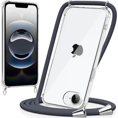 Immagine prodotto di Custodia per cellulare con tracolla, compatibile con iPhone 16e, trasparente, grigio scuro