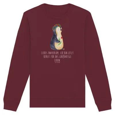 Produktbild von Mr. & Mrs. Panda Baumwoll Pullover Pinguin Blumen Größe XS - Burgundy - Geschenk, Wünsche, Geschenkidee, Universum, Pulli, Sweater, Ziele, Positiv, Bio, Sweatshirt