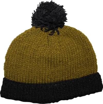 Produktbild von Wollmütze mit Bommel - grün - schwarz - warme Strickmütze - Bommelmütze