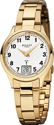 A close-up studio shot of a gold-colored wristwatch with a white face.