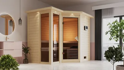Produktbild von Karibu Sauna Innensauna Amara Eckeinstieg ohne Zubehör 264x198x214 cm mit Dachkranz
