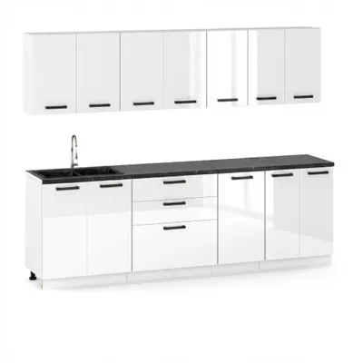 Produktbild von ULWEHOME Küchenzeile 260 cm Weiß Hochglanz, Küchenmöbel-Set mit Hängeschränken, Spülenschrank, 3-Schubladen-Unterschrank & Arbeitsplatten 80/60/40 cm, KI-generiertes Bild