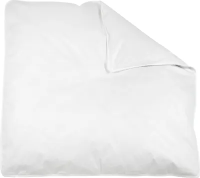 A white duvet or comforter is folded and laid flat against a white background.
